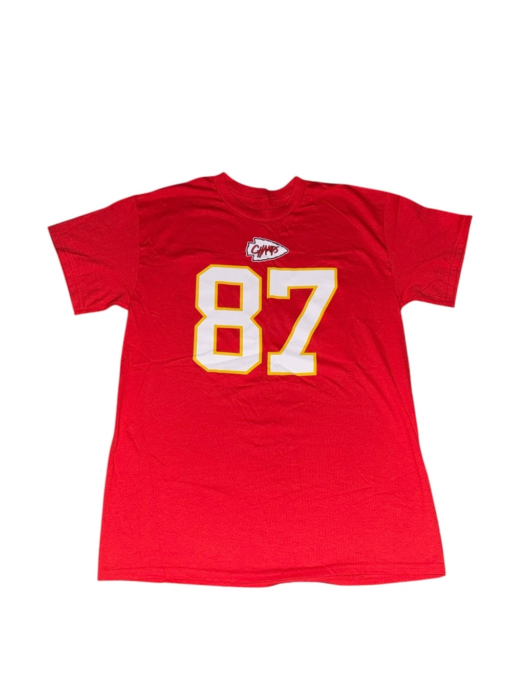 Champs Red Men's Tee with White and Gold '87 Taylor Swift and Travis Kelce